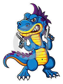 Scary dinosaur character holding guns