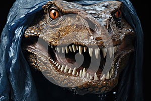 Scary dinosaur head with teeth close-up. Banner for reptile exhibition