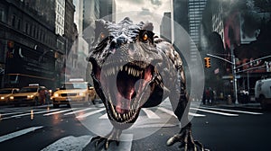 Scary dinosaur in New York city in the streets