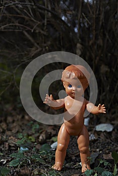 Scary doll. Child abuse. Crime scene