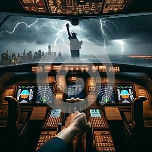 Scary electric storm vie from airplane cockpit