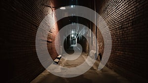 Scary empty dark alley with brick walls. Generative AI