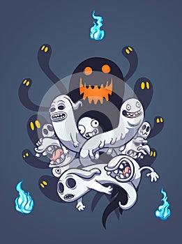 Scary entangled Halloween ghosts with blue flame spirits