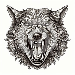 Scary evil angry predatory wolf head grinning teeth, portrait black and white drawing,