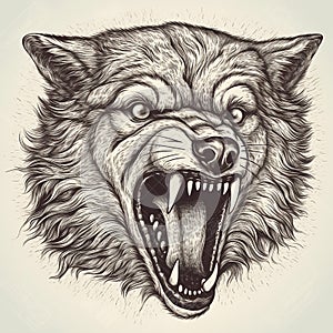 Scary evil angry predatory wolf head grinning teeth, portrait black and white drawing, engraving style,