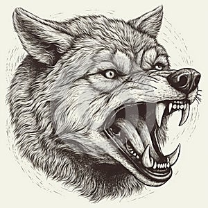 Scary evil angry predatory wolf head grinning teeth, portrait black and white drawing, engraving style,