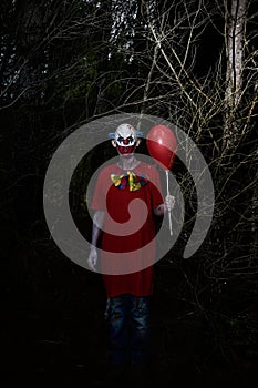 Scary evil clown in the woods at night