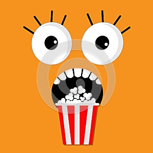 Scary face emotions boo Popcorn. Cinema icon in flat design style. Movie background