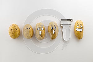 potatoes with scared cartoon faces