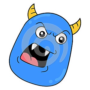 Scary faced horned blue monster screaming furiously, doodle icon drawing