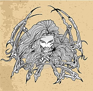 Scary fantasy engraved illustration with beautiful woman as demon and beast claw.