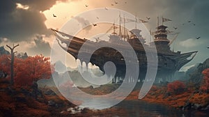 Scary Fantasy landscape with flying ship. Generative AI