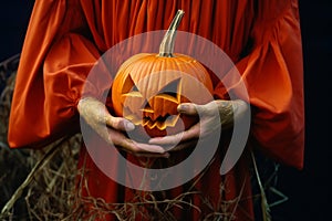Scary Female Witch Hands Holding a Pumpkin for Halloween