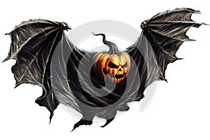 Scary, flying Halloween pumpkin, Jack O'Lantern with bat wings, isolated on white background. Happy Halloween