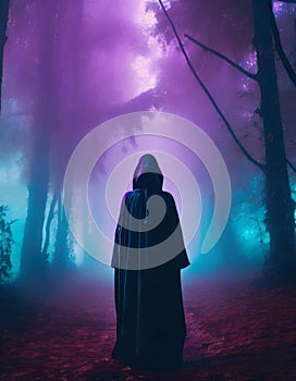 Scary forest with fog, human ghostly silhouette in a hooded cloak, spooky dark woods, mystic light, Halloween