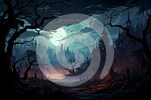 Scary Forest Scene with a Moon, Dark Clouds, Haunted Houses, Flying Owls and Gnarled Trees. Halloween Background. Generative AI