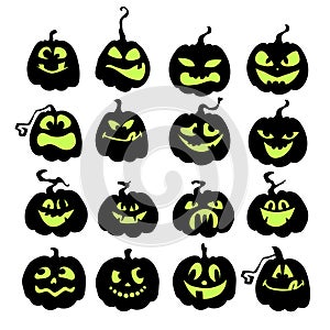 Scary and funny Halloween pumpkins. Black silhouettes of pumpkins with green faces. Vector stock illustration of a jack