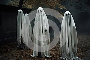 Scary ghost costumes on a dark background, Halloween. Generative AI