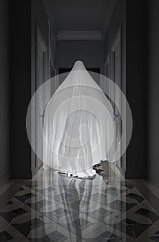 Scary ghost in the dark hallway