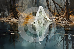 Scary ghost in the forest reflected in the water. Halloween concept Generative AI Generative AI