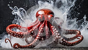 Scary giant red octopus with splashes of water. Black and white smoke. Marine monster
