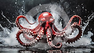 Scary giant red octopus with splashes of water. Black and white smoke. Marine monster