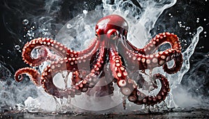 Scary giant red octopus with splashes of water. Black and white smoke. Marine monster