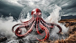 Scary giant red octopus with splashes of water. Black and white smoke. Marine monster