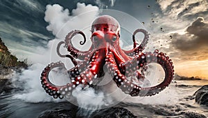 Scary giant red octopus with splashes of water. Black and white smoke. Marine monster