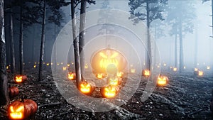 Scary gigant pumpkin in fog night forest. Fear and horror. Mistic and halloween concept. 3d rendering.