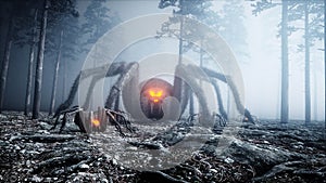 Scary gigant spider in fog night forest. Fear and horror. Mistic and halloween concept. 3d rendering.