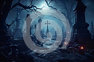 Scary graveyard with lights on Halloween, creepy cemetery at night