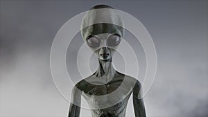 Scary gray alien stands and looks blinking on a dark smoky background. UFO futuristic concept. 3D rendering.