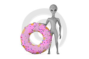 Scary Gray Humanoid Alien Cartoon Character Person Mascot with Big Strawberry Pink Glazed Donut. 3d Rendering