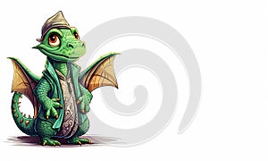 Scary green oriental fairy tale dragon wizard in an antique costume on a white background