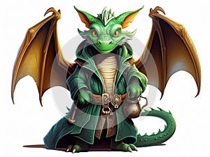 Scary green oriental fairy tale dragon wizard in an antique costume on a white background