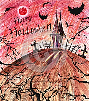 Scary Halloween background. Dark spooky house with black bats and trees.