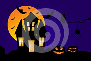 Halloween scene. Illustration of a Haunted House with pumpkins, owl, bats and spider