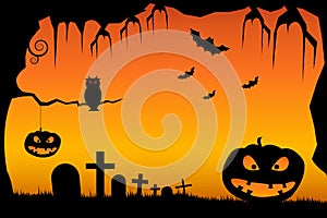 Halloween scene. Illustration of a grunge Halloween frame with pumpkins,bats,graves and spider net