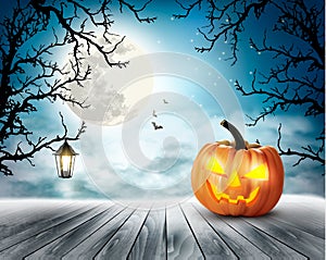 Scary Halloween background with pumpkin and moon.