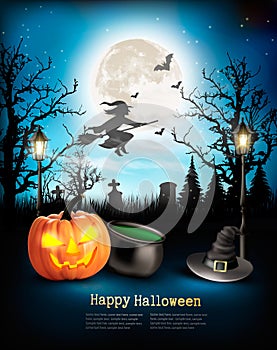 Scary Halloween background with pumpkin and moon.