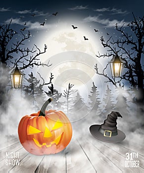 Scary Halloween background with pumpkin and moon.