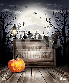 Scary Halloween background with pumpkin and wooden sign