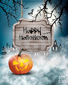 Scary Halloween background with pumpkin and wooden sign.