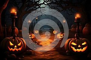 Scary Halloween background with pumpkins and candles in the dark forest, Generative AI