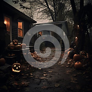 Scary Halloween background with pumpkins in front of a haunted house