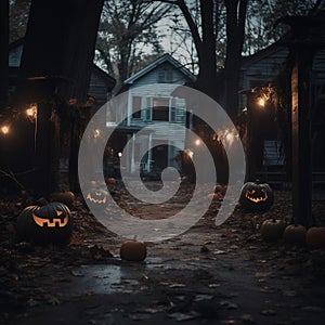 Scary halloween background with pumpkins and houses at night