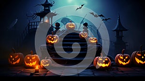 Scary halloween background with pumpkins and witch\'s house.