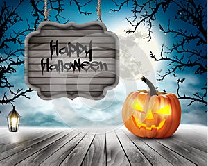 Scary Halloween background with pumpkins and wooden sign