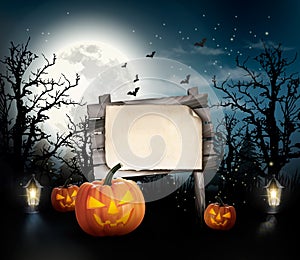 Scary Halloween background with a wooden sign.